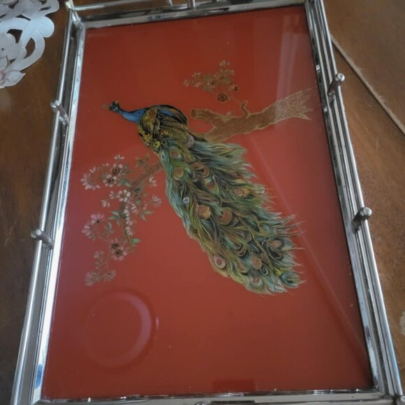 Vintage Peacock Reversed Painted Tray~ Beautiful~ West Germany (US Zone 1950's) - Picture 6 of 8